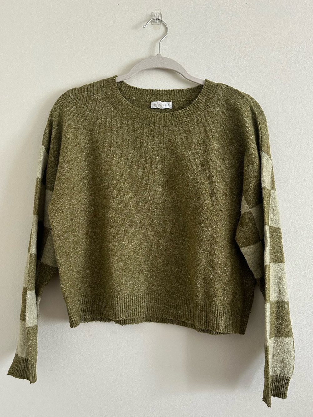 Blu Pepper Olive Crewneck Sweater with Check-Sleeve Detail
